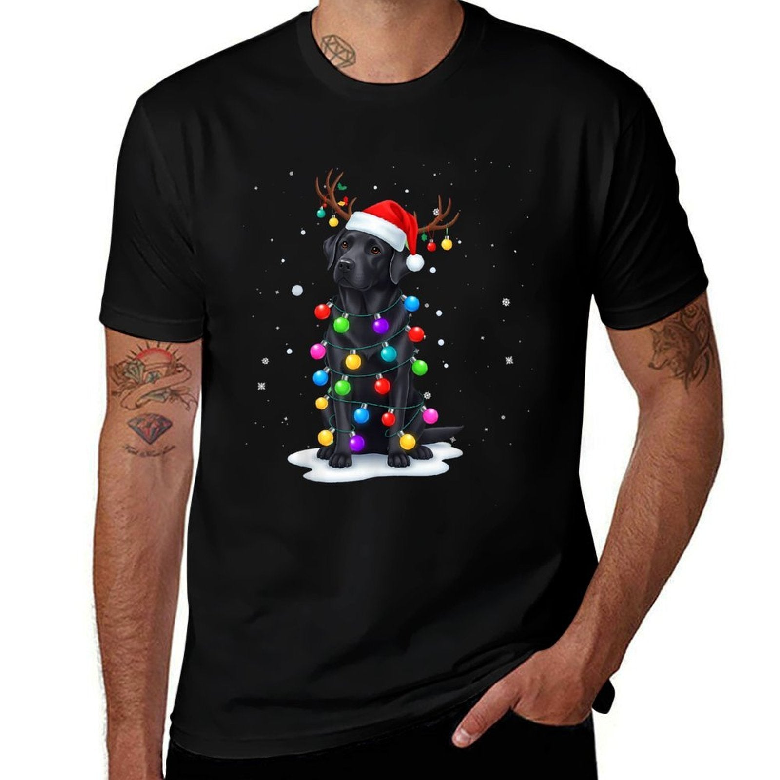 Black Lab Labrador Dog Funny Christmas Lights Reindeer Xmas  Graphic-printed T-Shirt
