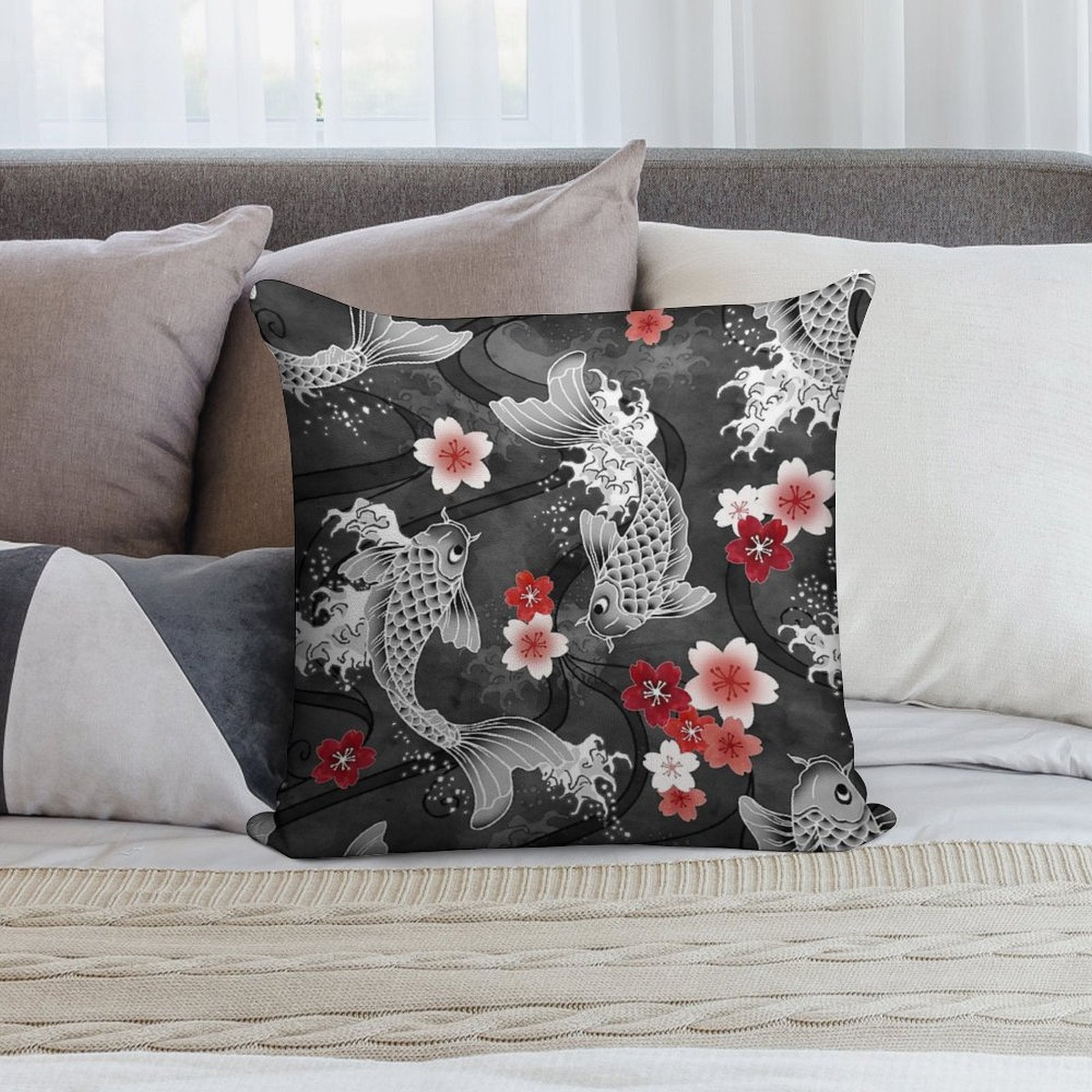 Koi Sakura Blossom in Black Soft Reinforced Edging Throw Pillow