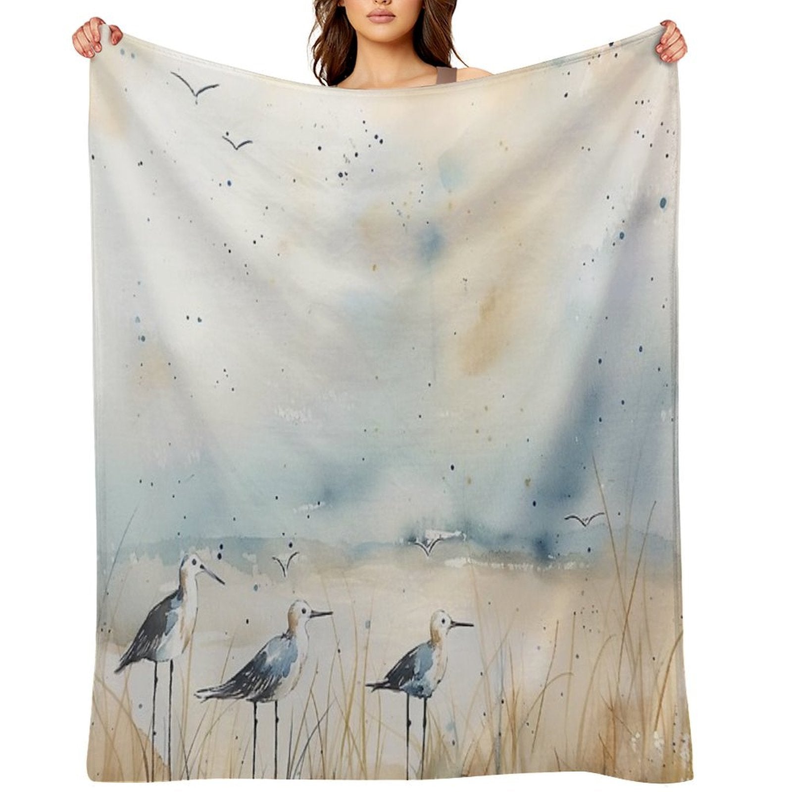 Sandpipers by The Shore – Soft Watercolor Coastal Bird Art Compact Throw Blanket
