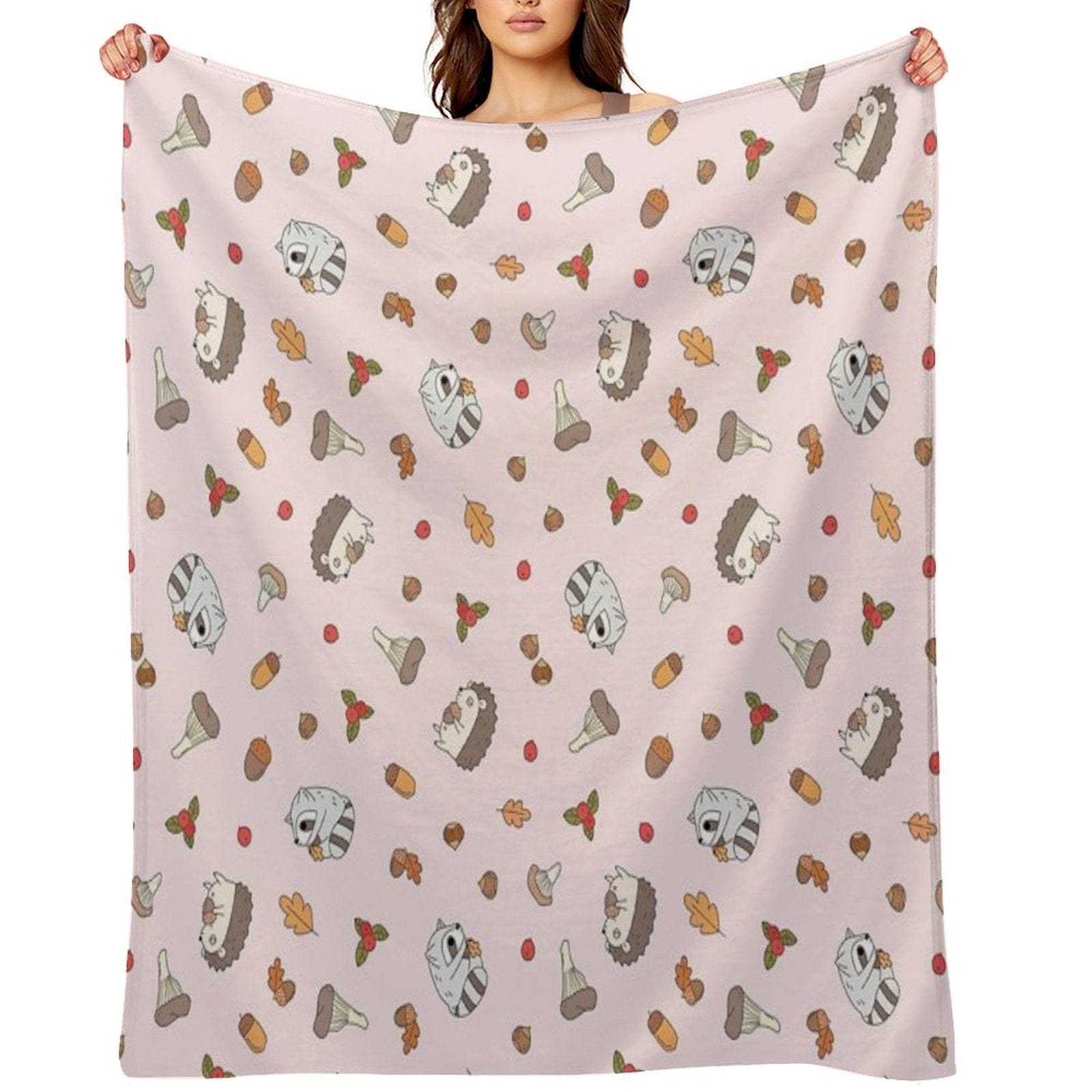 Woodland Animals Pattern, Hedgehog And Raccoon Pattern Compact Throw Blanket