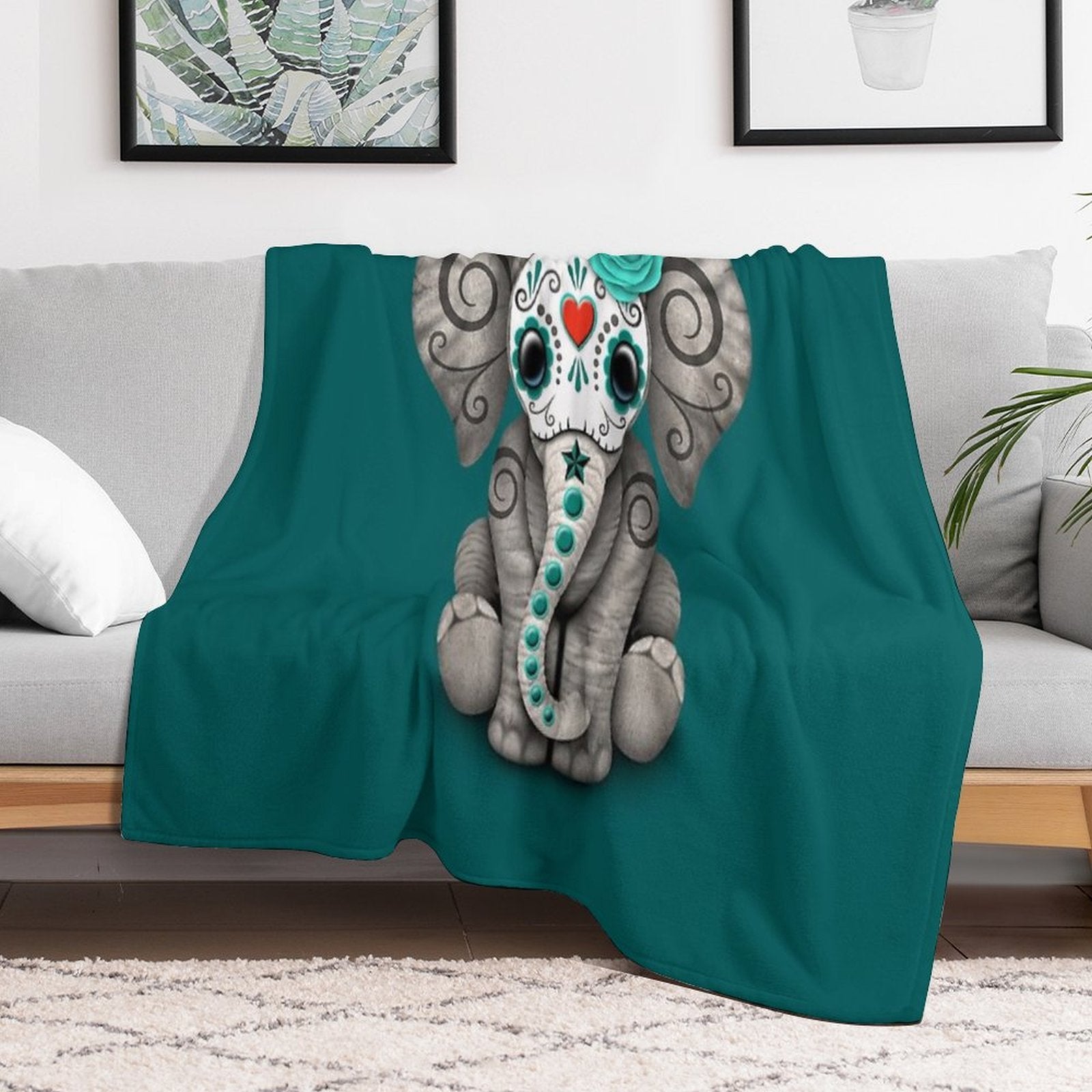 Teal Blue Day of The Dead Sugar Skull Baby Elephant Multi-functional Throw Blanket