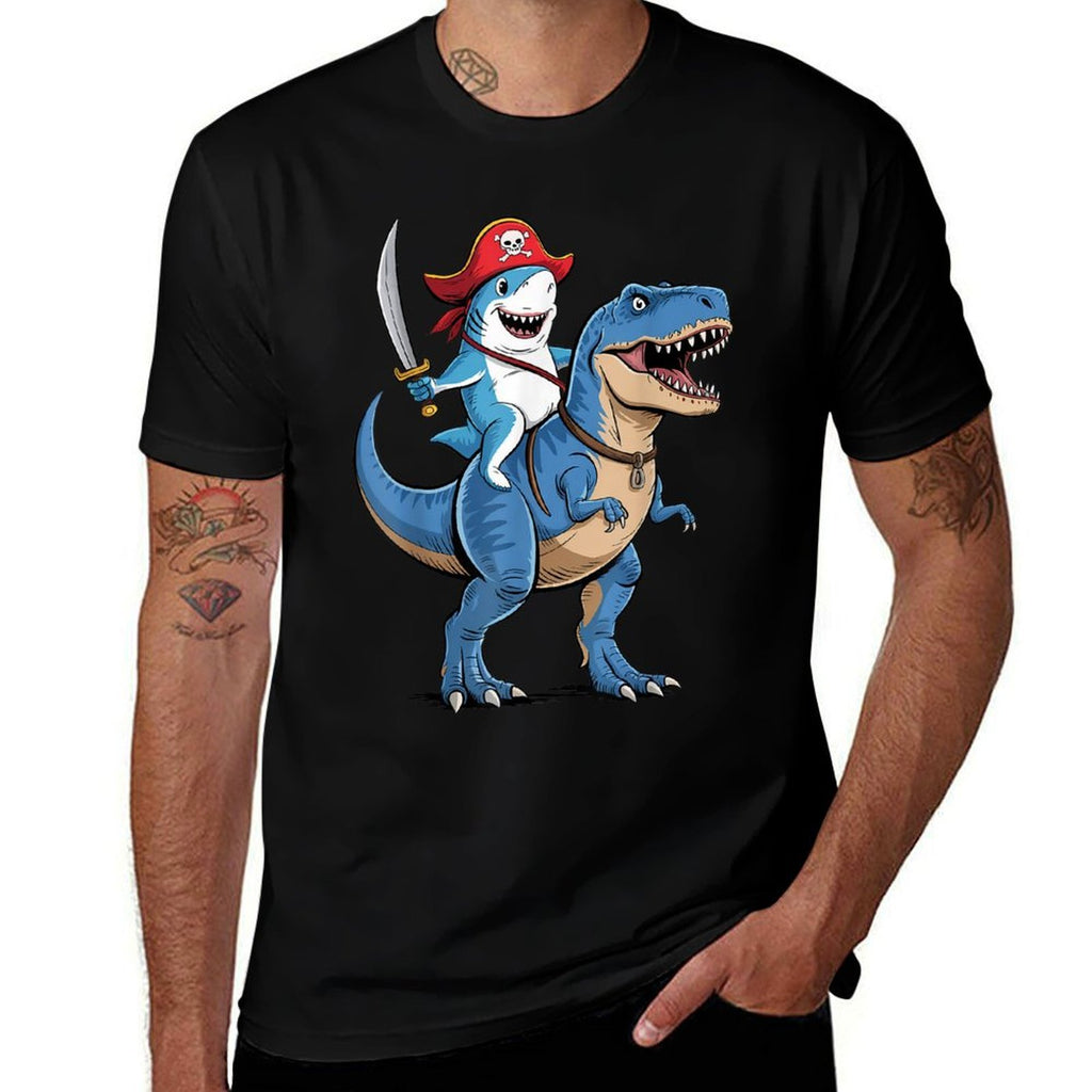 Shark Riding Dinosaur T Rex Pirate Funny Gifts For Boy Kids  Eco-friendly Material T-Shirt