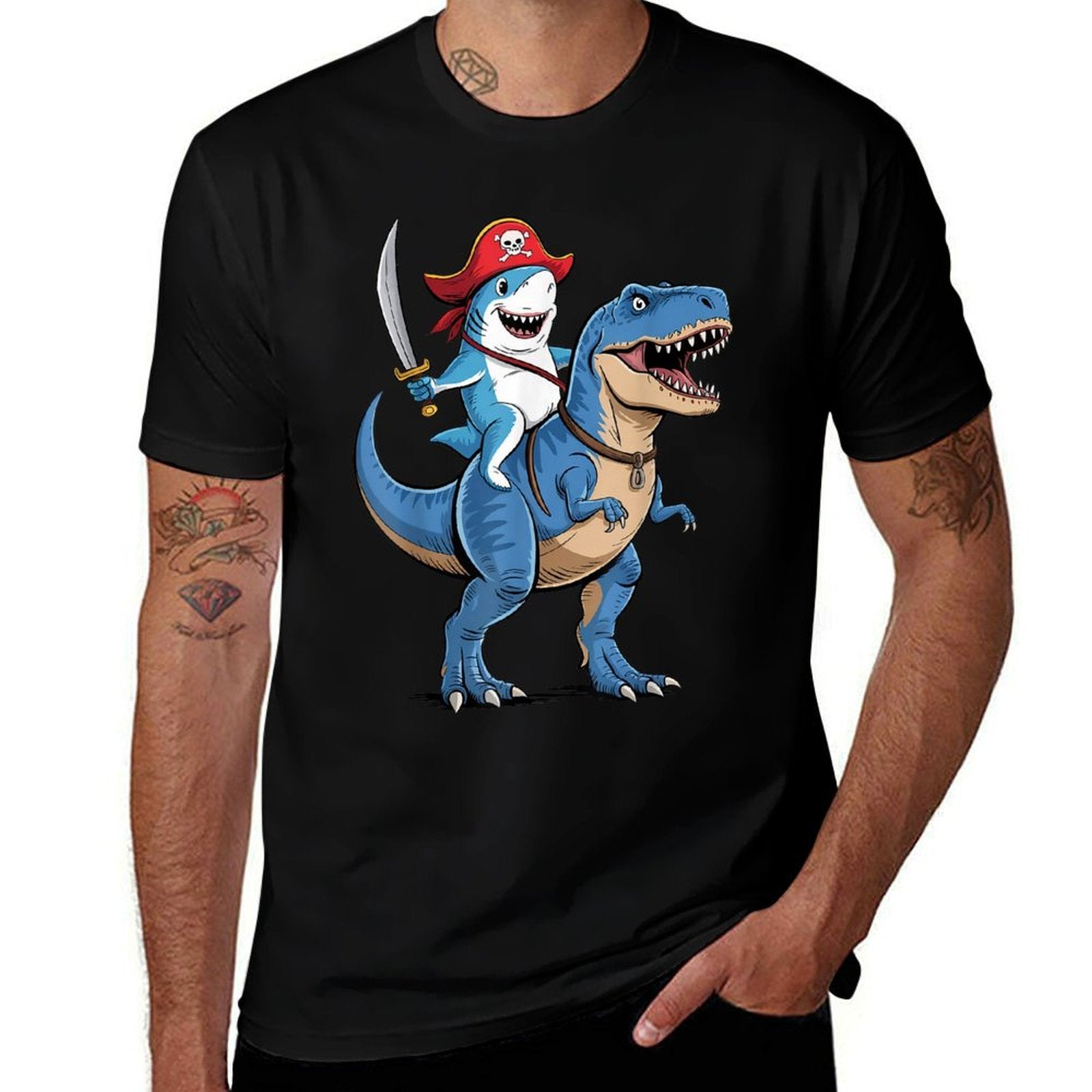 Shark Riding Dinosaur T Rex Pirate Funny Gifts For Boy Kids  Eco-friendly Material T-Shirt