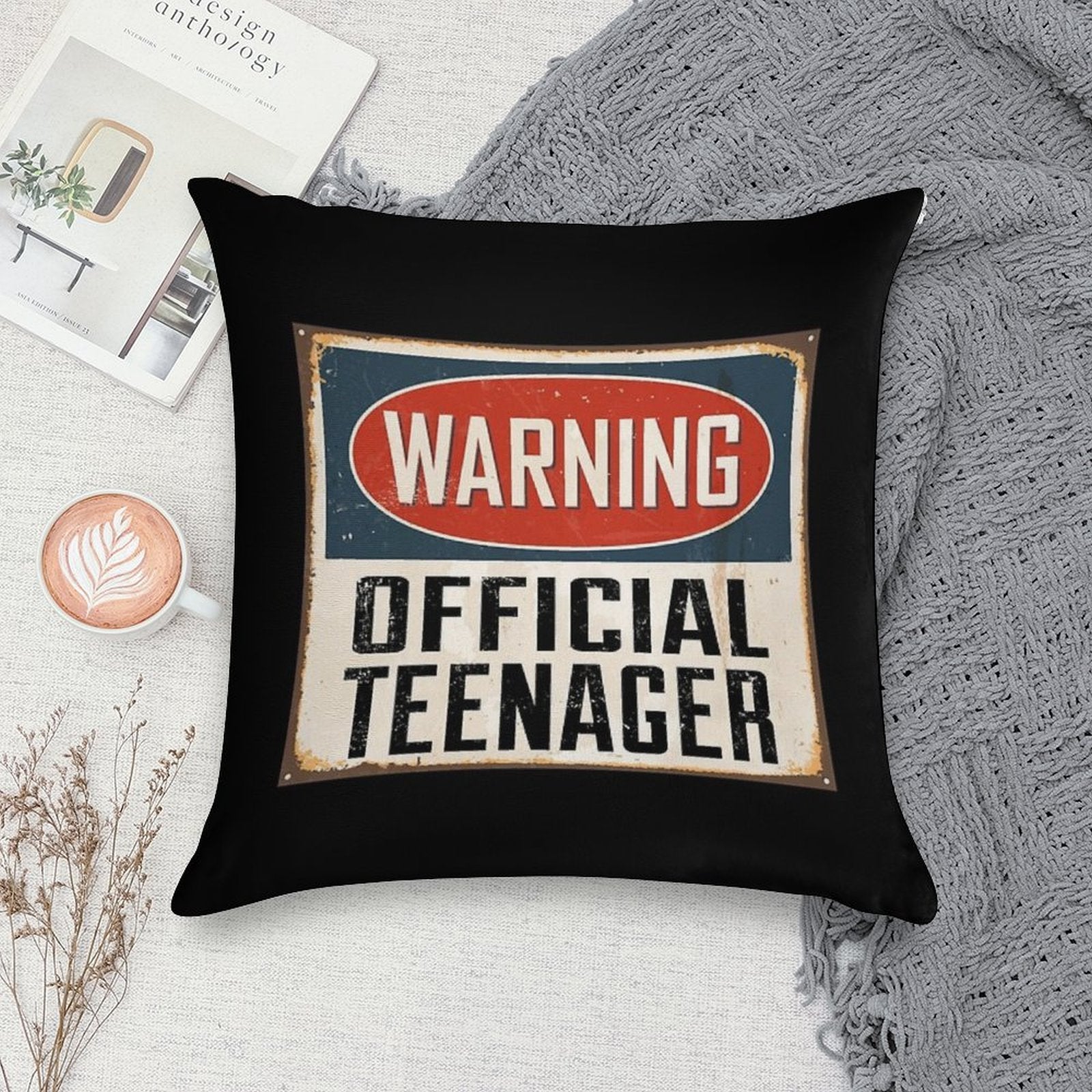 Official Teenager Warning Sign - Funny 13th Birthday Soft Durable Construction Throw Pillow