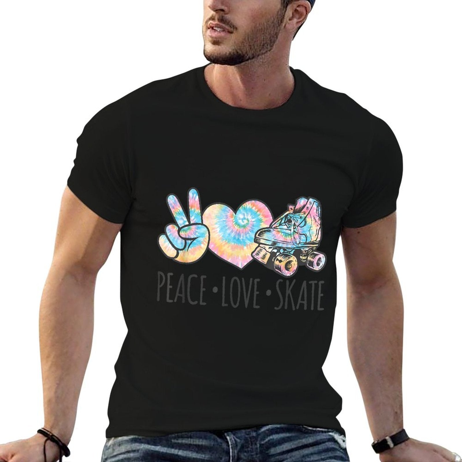 Tie Dye Roller Skating Forn Girls  Peace Love Skate  Rolled Sleeves T-Shirt