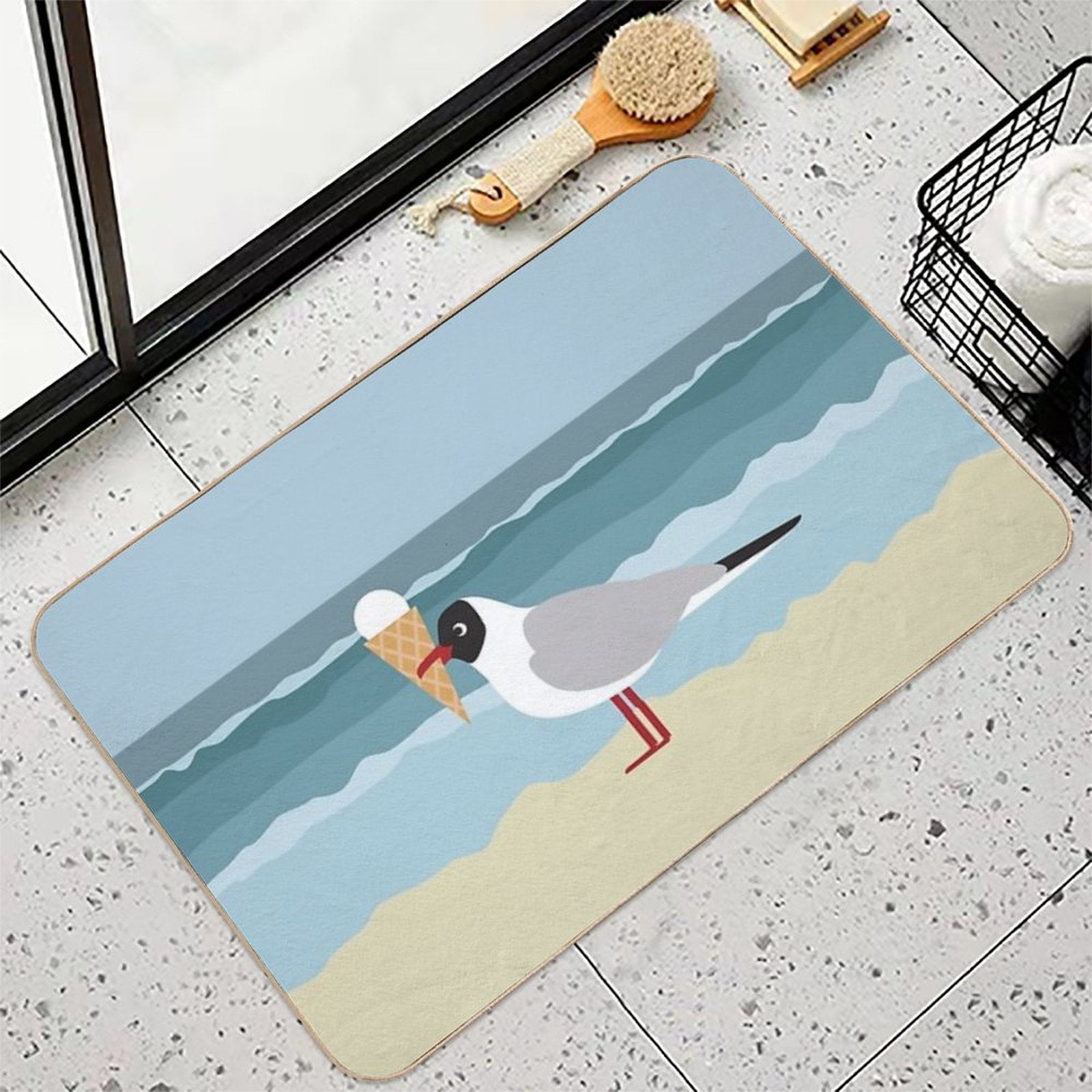 Cute Seagull with Ice Cream by The Sea  Absorbent Bath Mat