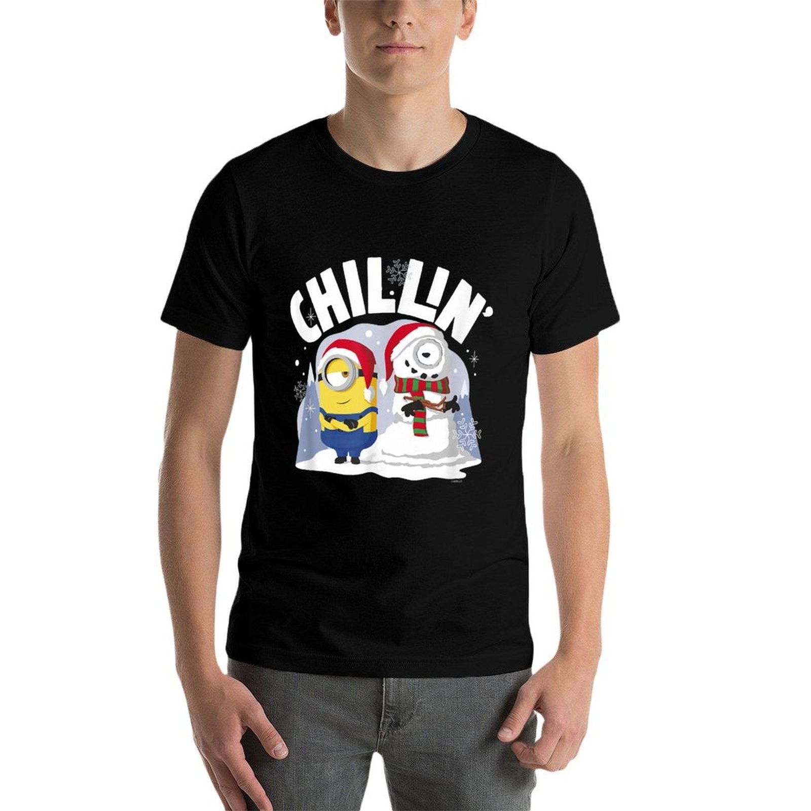 Minions Christmas Dave And Snowman Chillin Poster  Ribbed Collar T-Shirt