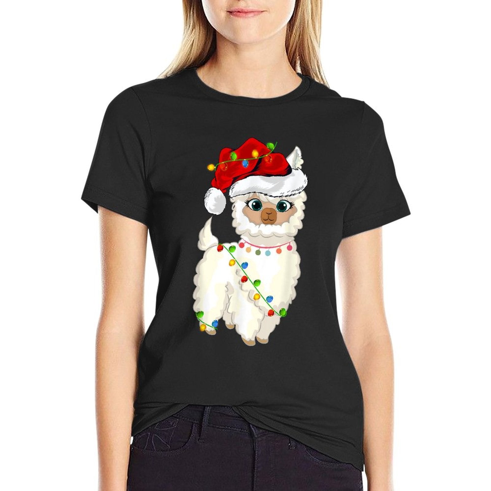 Xmas Lights Santa Hat Llama Christmas  Lightweight T-Shirt