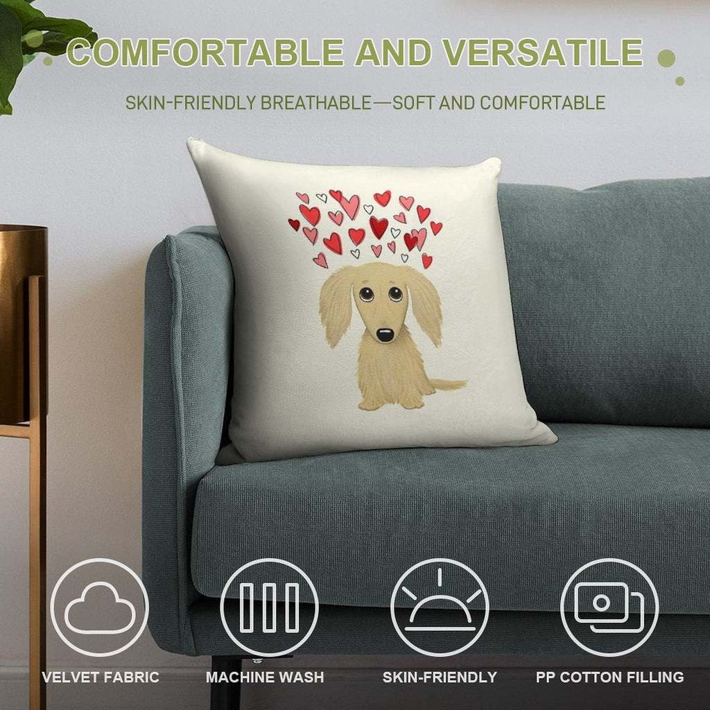 Longhaired Cream Dachshund with Hearts Soft Durable Construction Throw Pillow