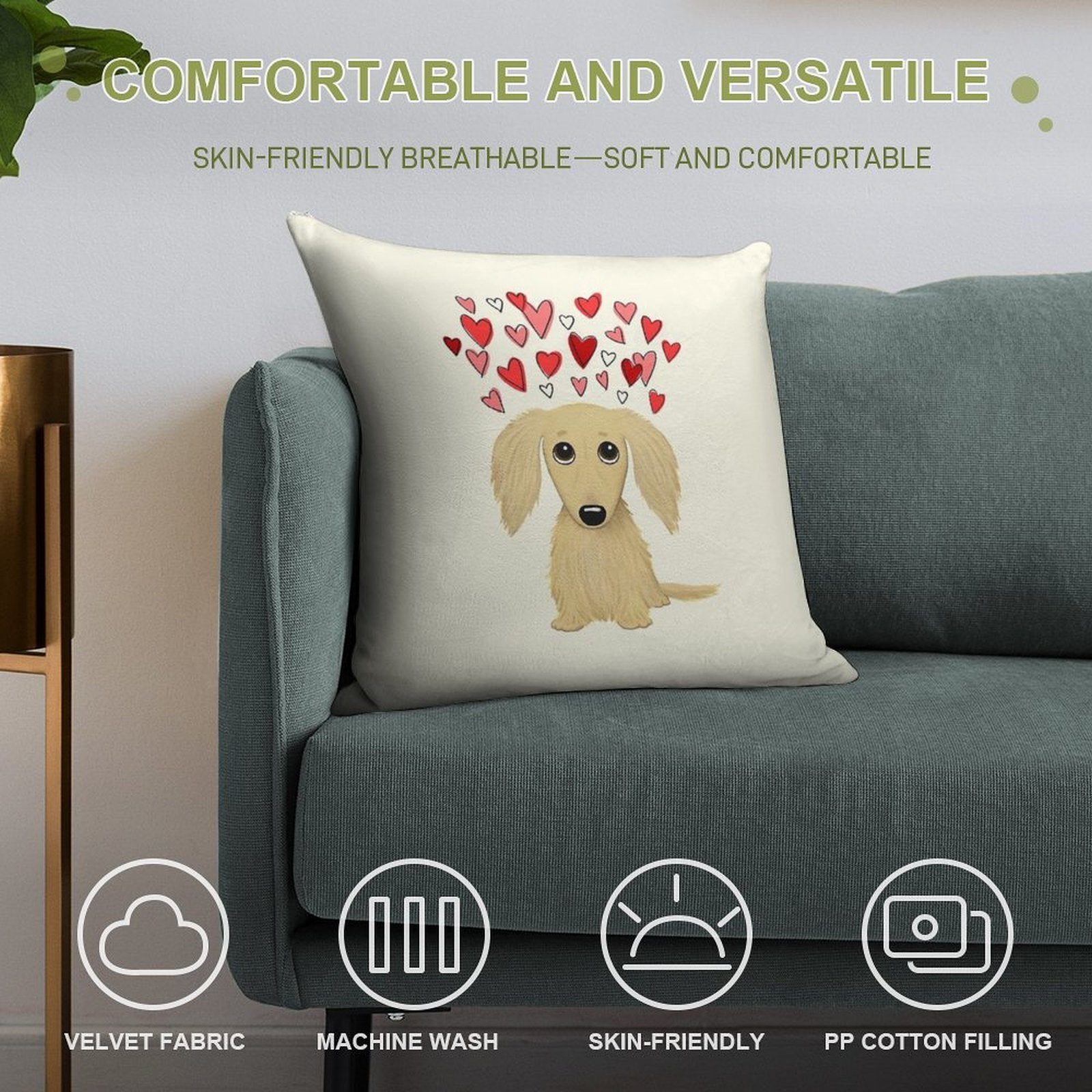 Longhaired Cream Dachshund with Hearts Soft Durable Construction Throw Pillow