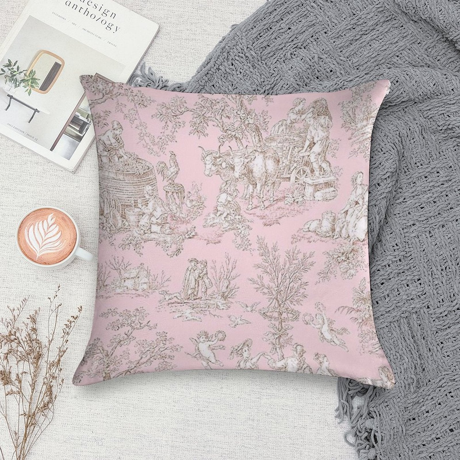French Country Pink Toile Soft Reinforced Edging Throw Pillow