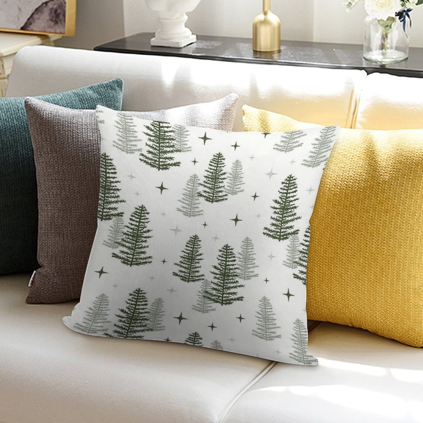 Christmas Night with Green Trees Soft Hidden Zipper Throw Pillow