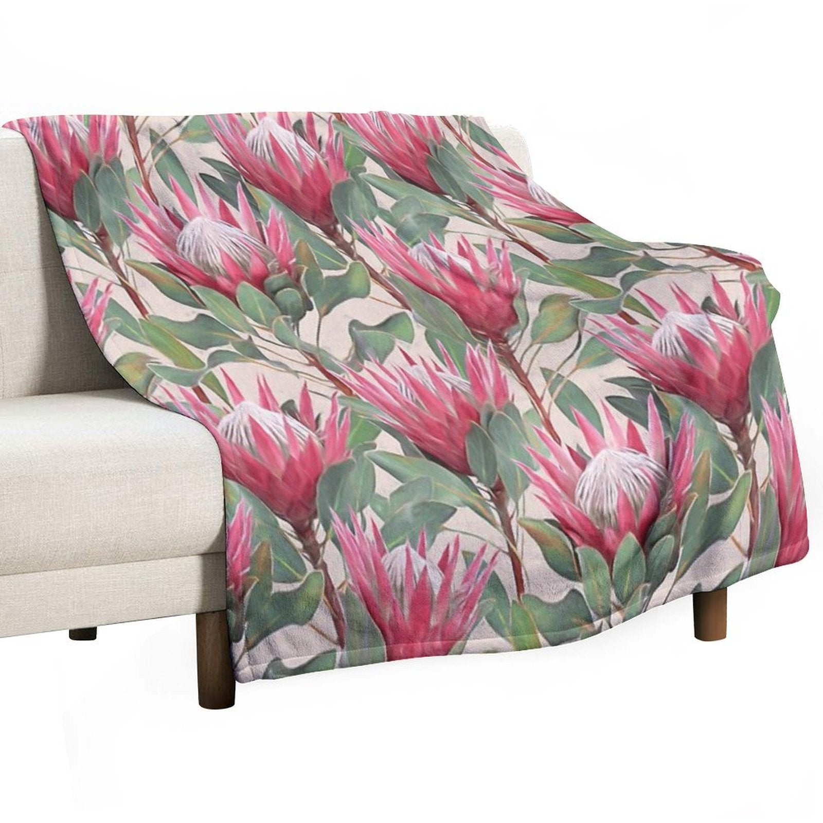 Painted King Proteas on Cream Machine-washable Throw Blanket