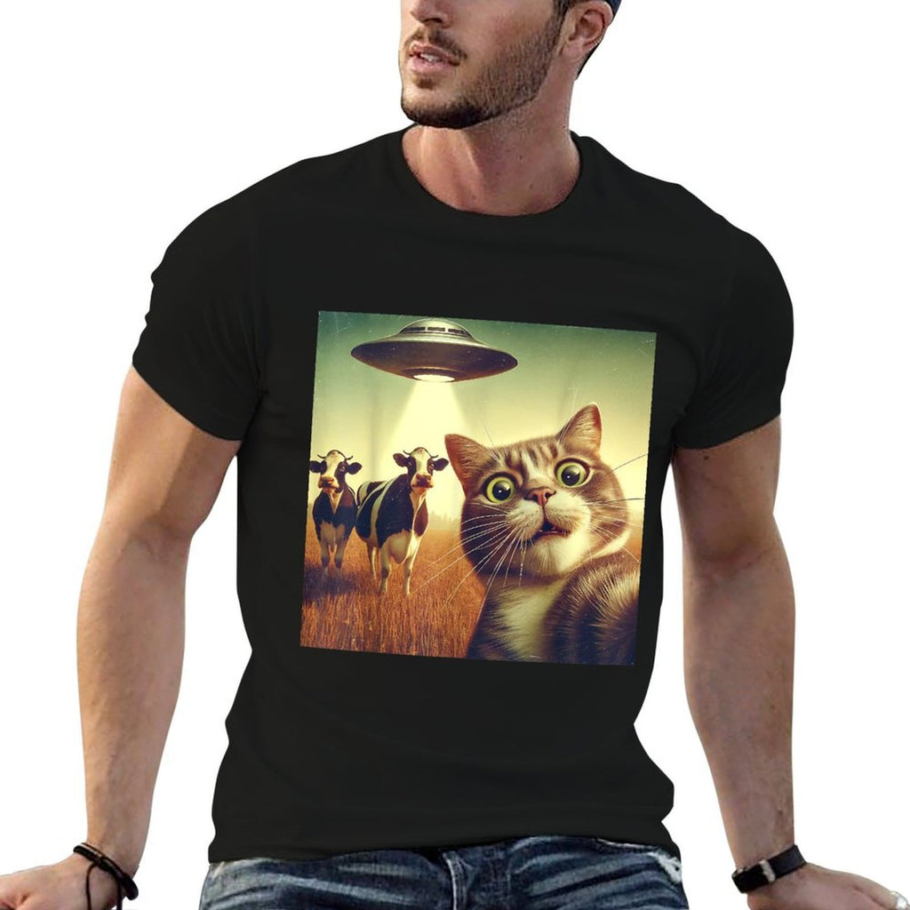 Cat UFO Selfie with Cows – Funny Alien Encounter on The Farm  Soft T-Shirt