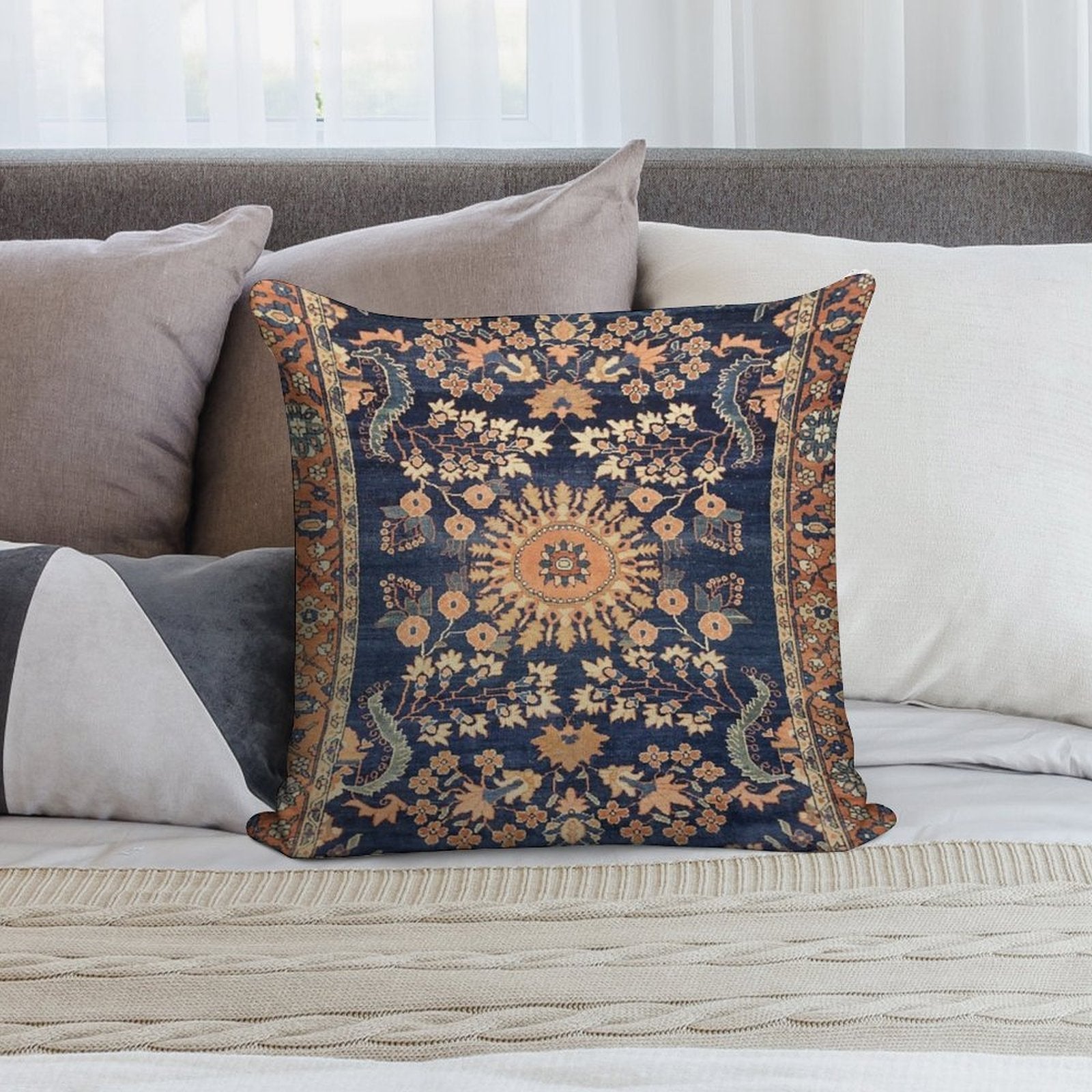 Sarouk Persian Floral Rug Print Soft Hidden Zipper Throw Pillow