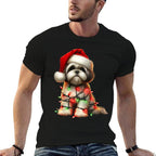 Shih Tzu Dog Christmas Lights Santa Hat Dog Lover  Polyester Blend T-Shirt