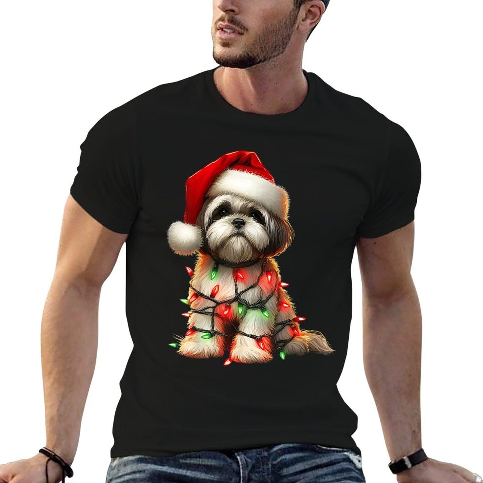 Shih Tzu Dog Christmas Lights Santa Hat Dog Lover  Polyester Blend T-Shirt