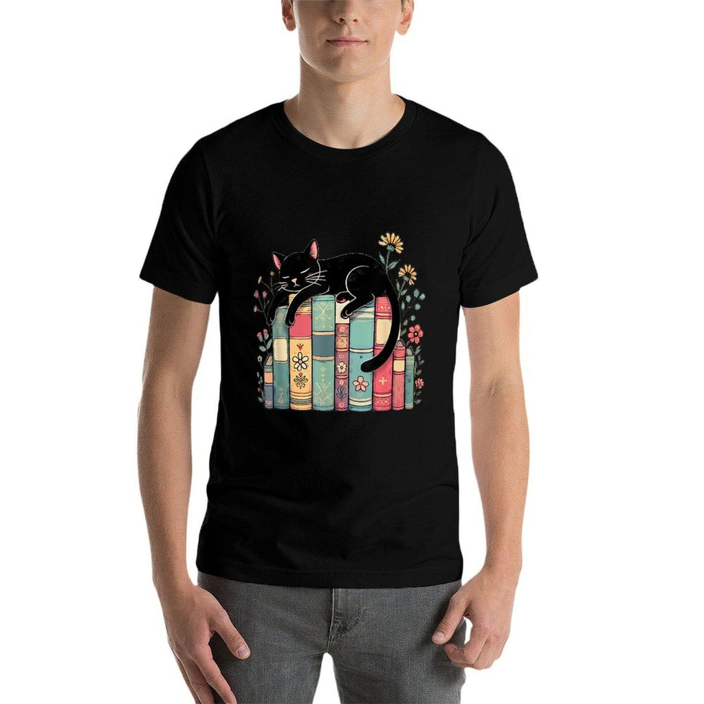 Floral Black Cat Sleeping On Books for Men Women Kids  Rolled Sleeves T-Shirt