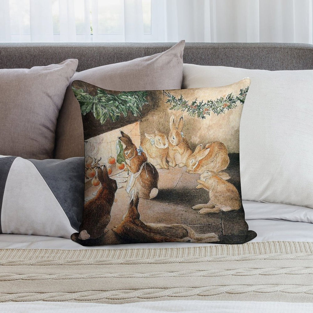 Christmas Rabbit Family Roasting Apples - Beatrix Potter Soft Shrink-Resistant Throw Pillow