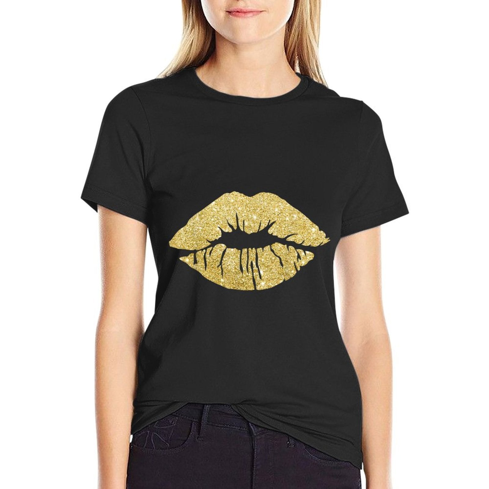 Womens Kiss Lips Gold Lips Gold Lipstick Gold Kiss  Eco-friendly Material T-Shirt