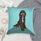 Sproodle  Cute Dog Art  Turquoise Background Soft Reinforced Edging Throw Pillow