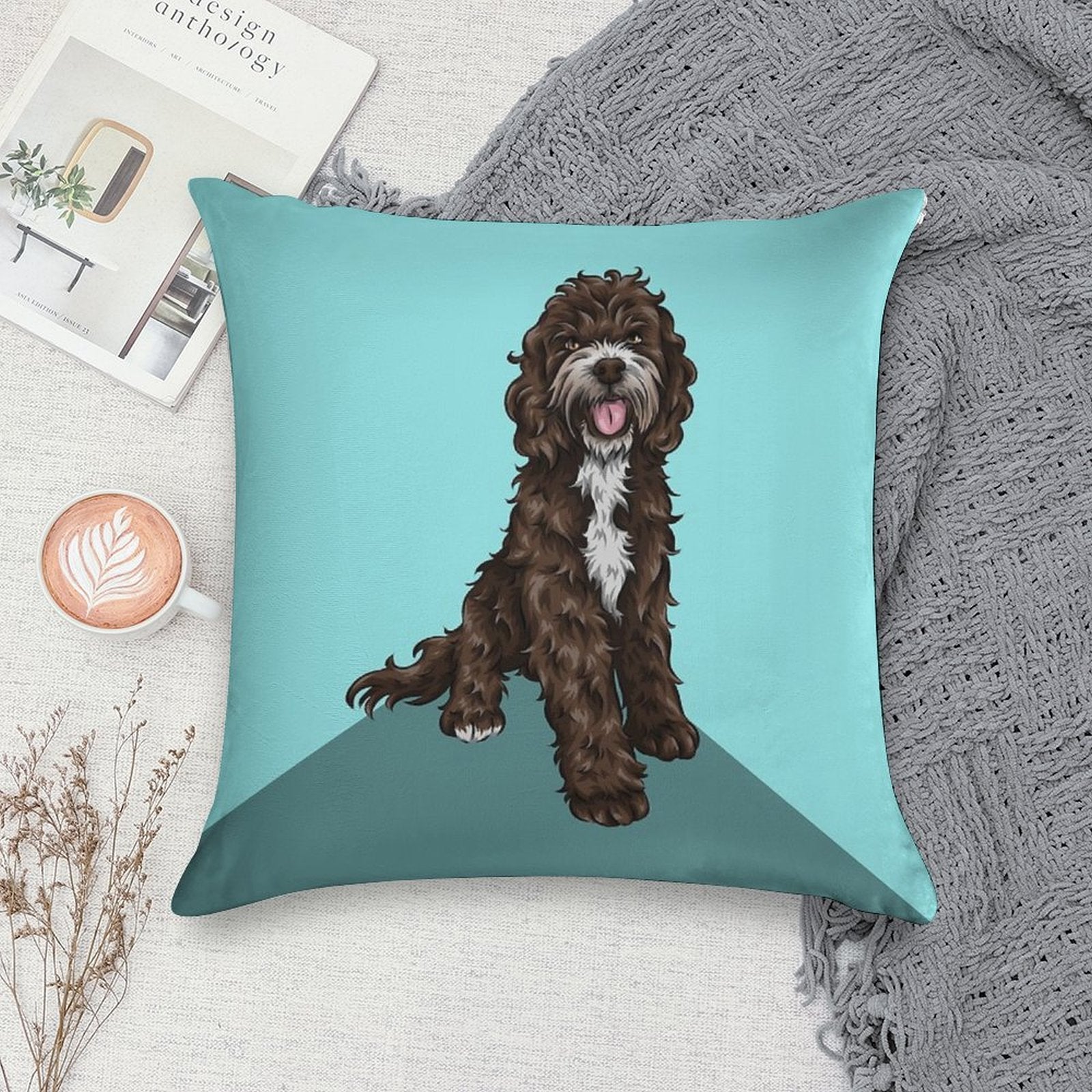 Sproodle  Cute Dog Art  Turquoise Background Soft Reinforced Edging Throw Pillow