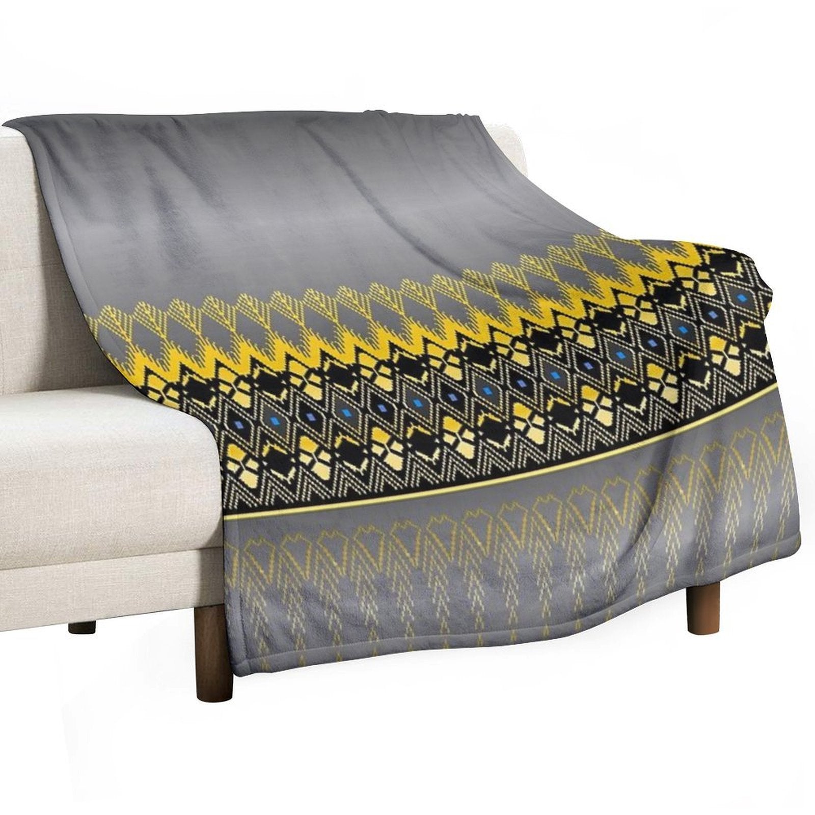 Thai Silk  Gray Black Gold Thai Silk Design  Gray Black Gold Geometric Pattern Machine-washable Throw Blanket