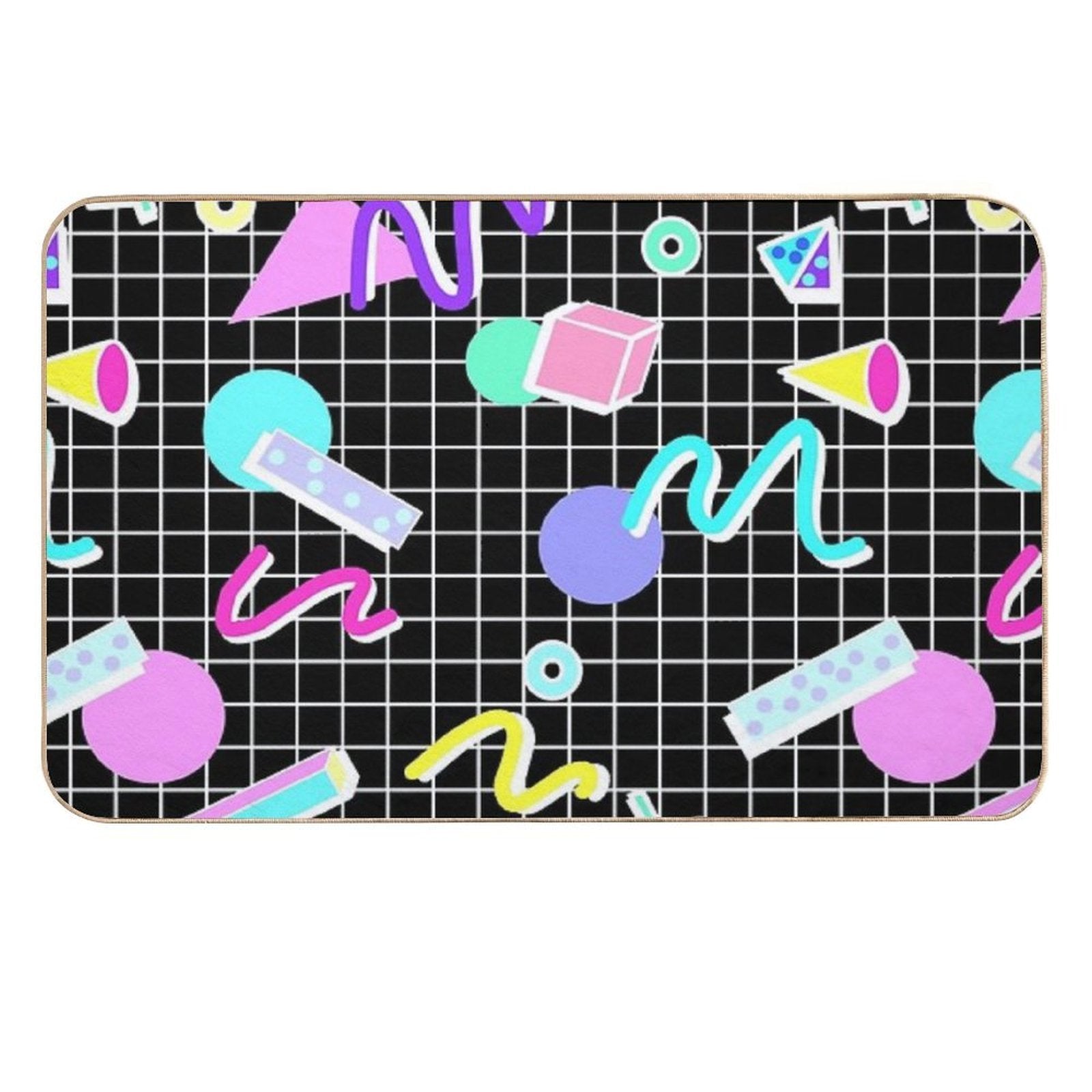 80s Retro Party Grid Design (Black BG)  Rapid-Drying Bath Mat