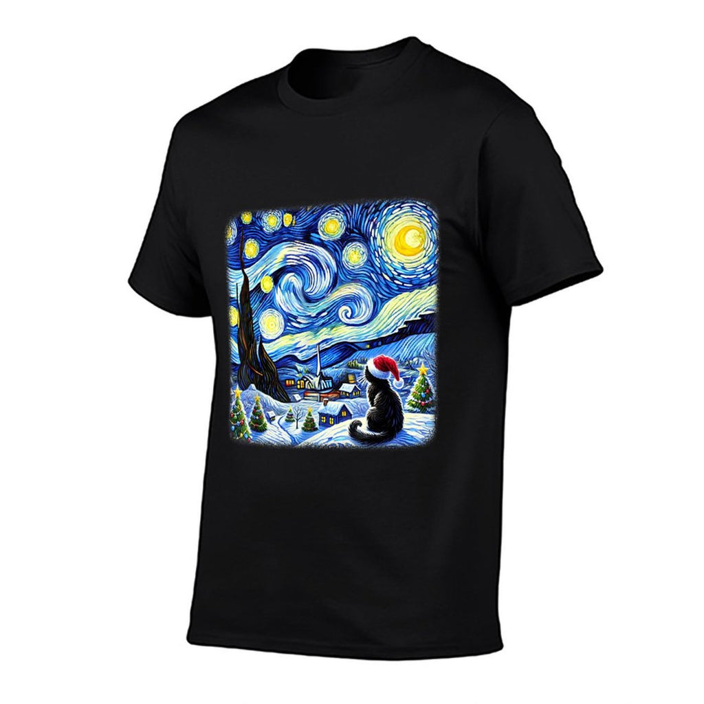 Christmas Van Gogh Starry Night Black Cat Santa Hat Xmas  Classic T-Shirt