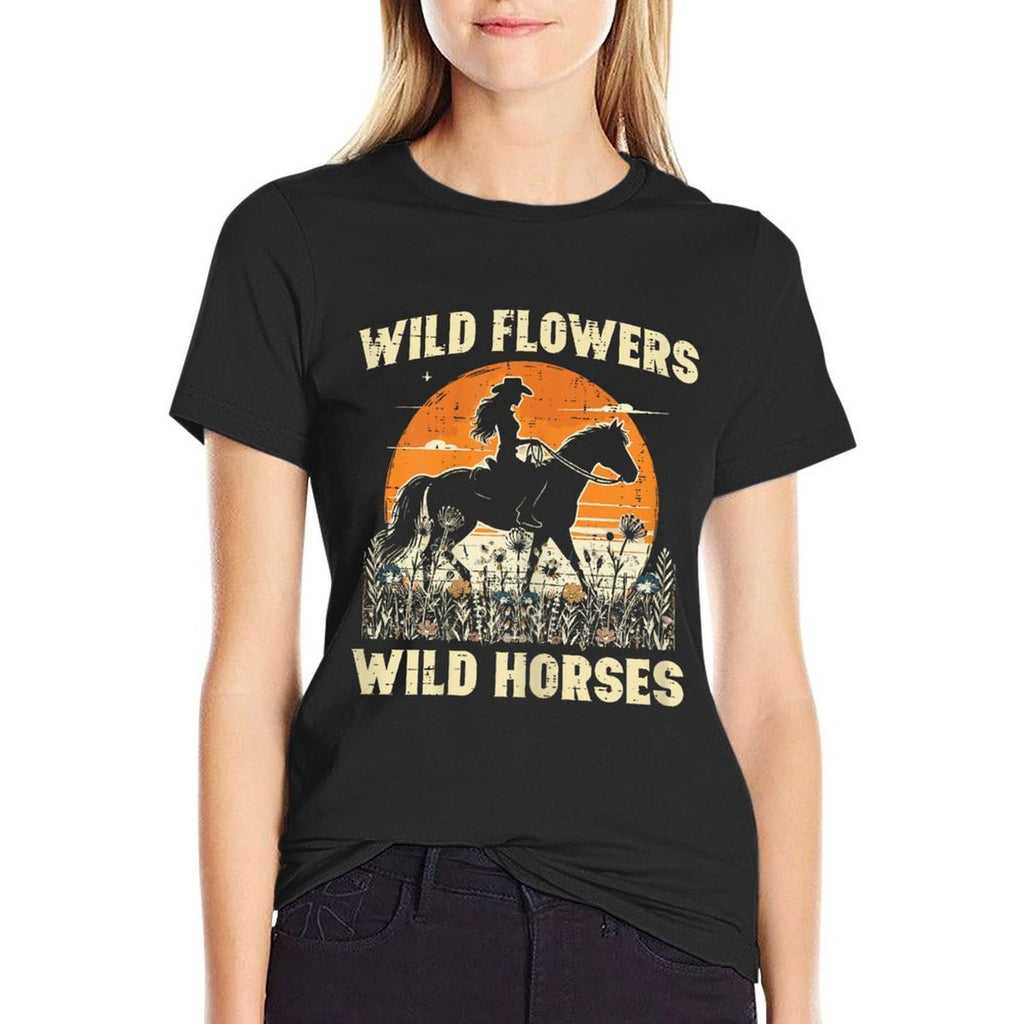 Wild Flowers Horses Cowgirl Retro Rodeo Girls Kids Women  Soft T-Shirt