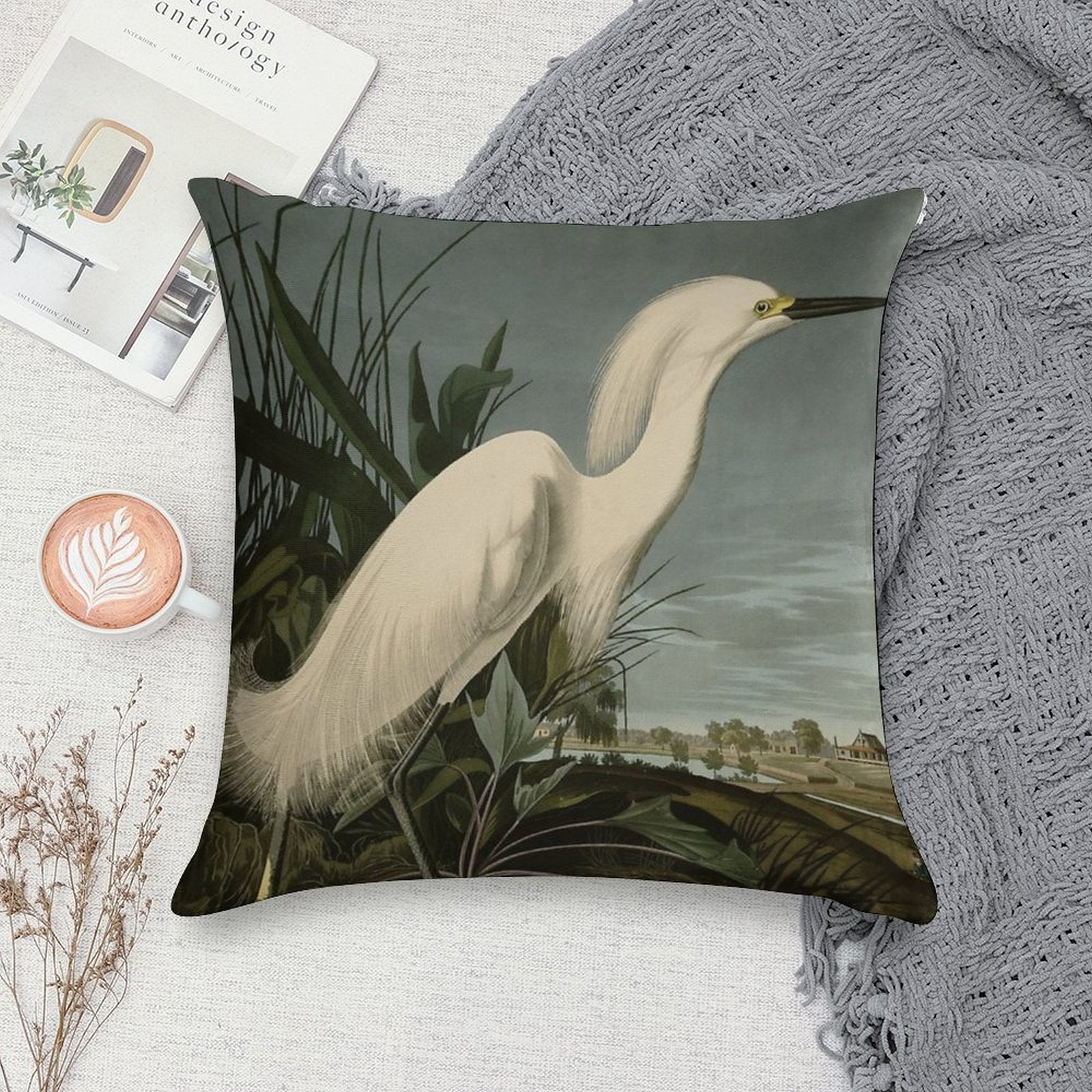 Snowy Heron Or White Egret from Audubon Birds of America Soft Multiple Sizes Throw Pillow