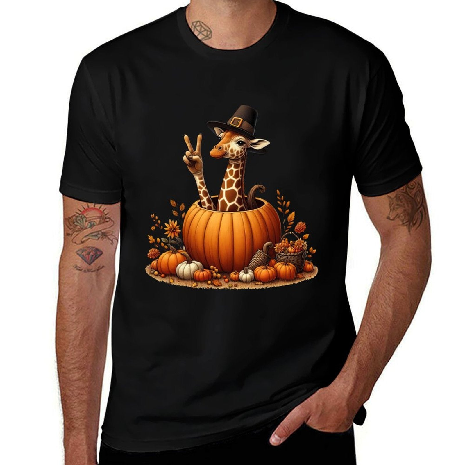 Autumn Pumpkin Fall Giraffe Thanksgiving Womens Mens Kids  Eco-friendly Material T-Shirt