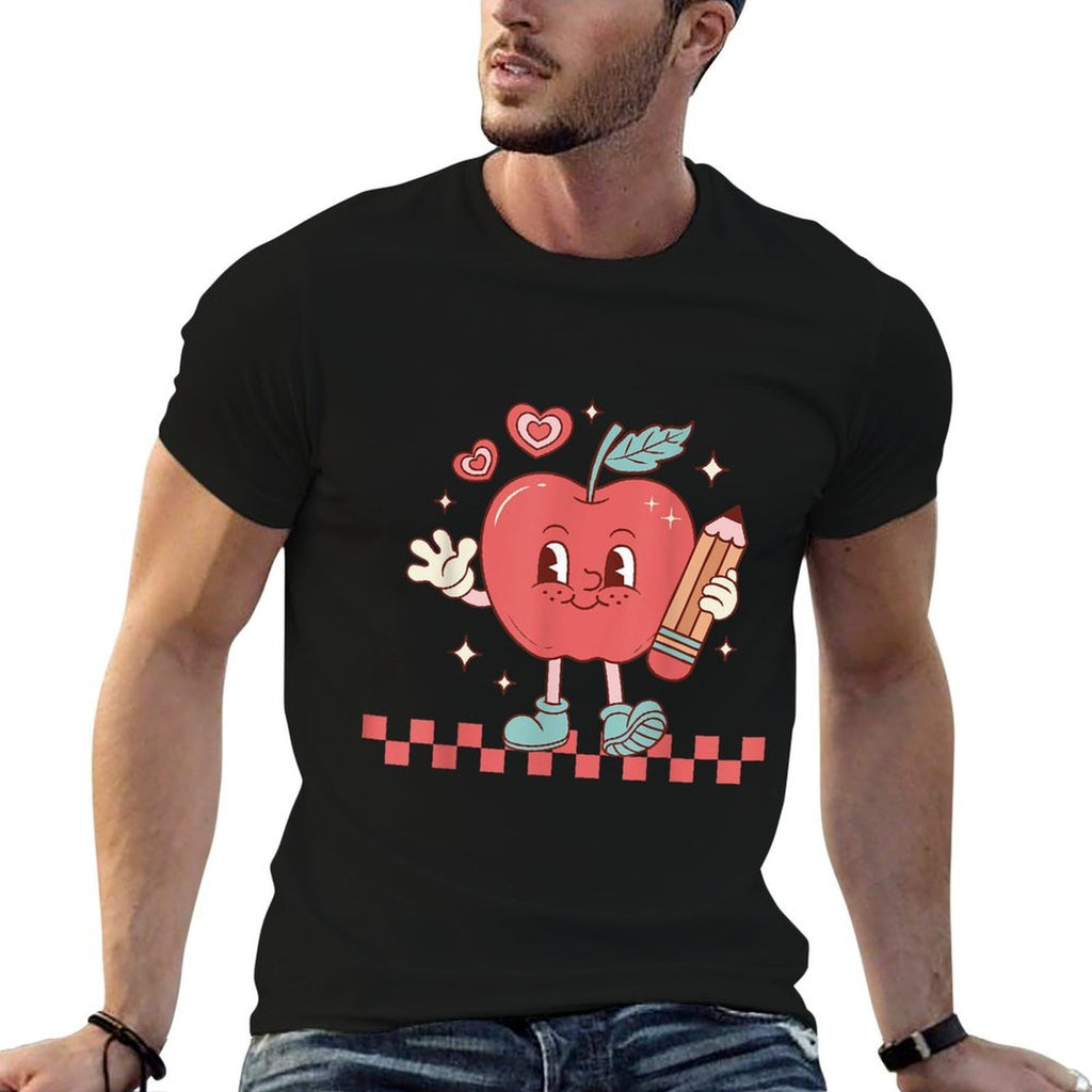 Cute Retro Checkered Apple with Face Teacher Pencil Trendy  Trendy Pattern T-Shirt