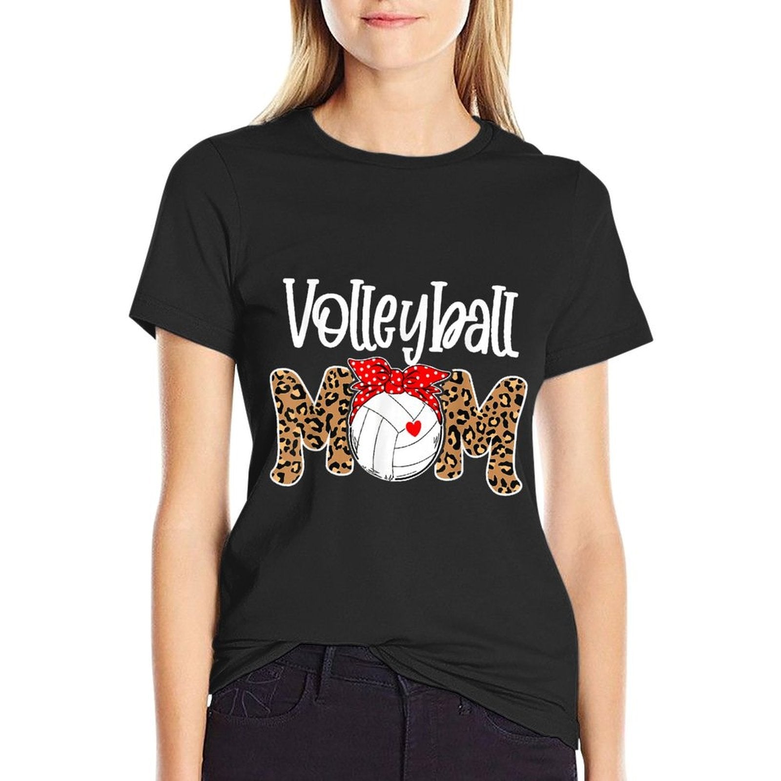 Volleyball Mom Leopard Messy Bun Game Day Funny Mothers Day  Ribbed Collar T-Shirt