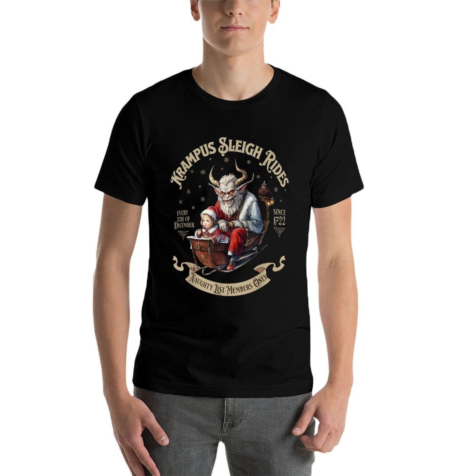 Funny Vintage Krampus Sleigh Rides Spooky Christmas Season  Graphic-printed T-Shirt