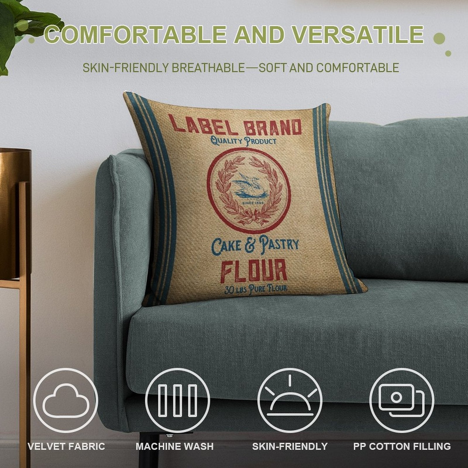 Vintage Burlap Like Flour Sack Soft High-Density Material Throw Pillow