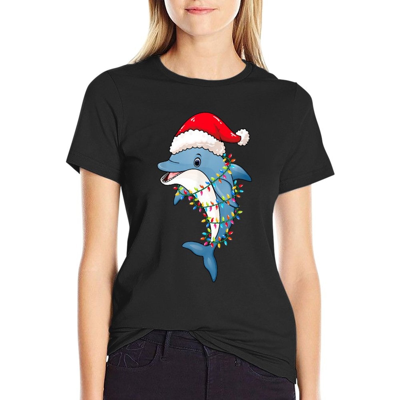 Christmas Lights Dolphin Wearing Xmas Hat - Dolphin Lover  Slim-fit Cut T-Shirt