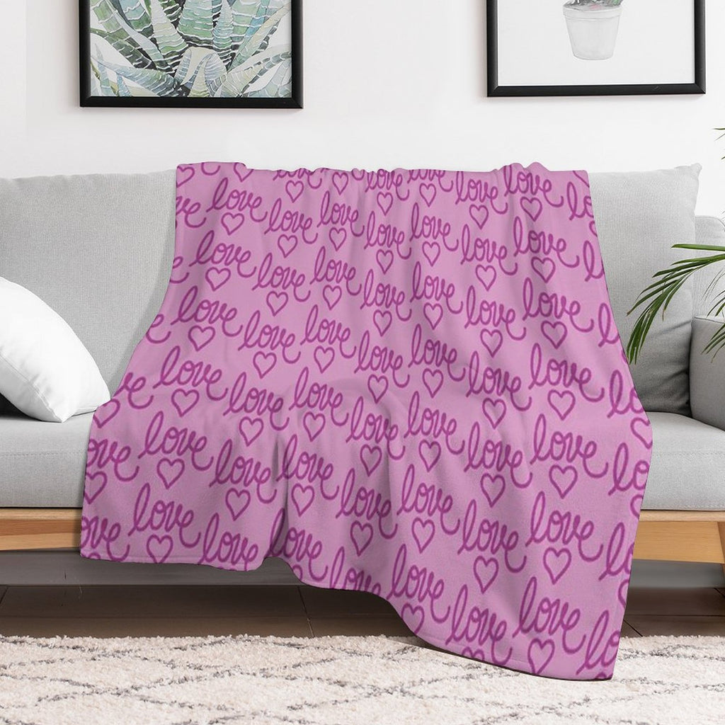 Hand Drawn Script Lettering Monochromatic Magenta Heart Love Pattern Drama Travel-friendly Throw Blanket