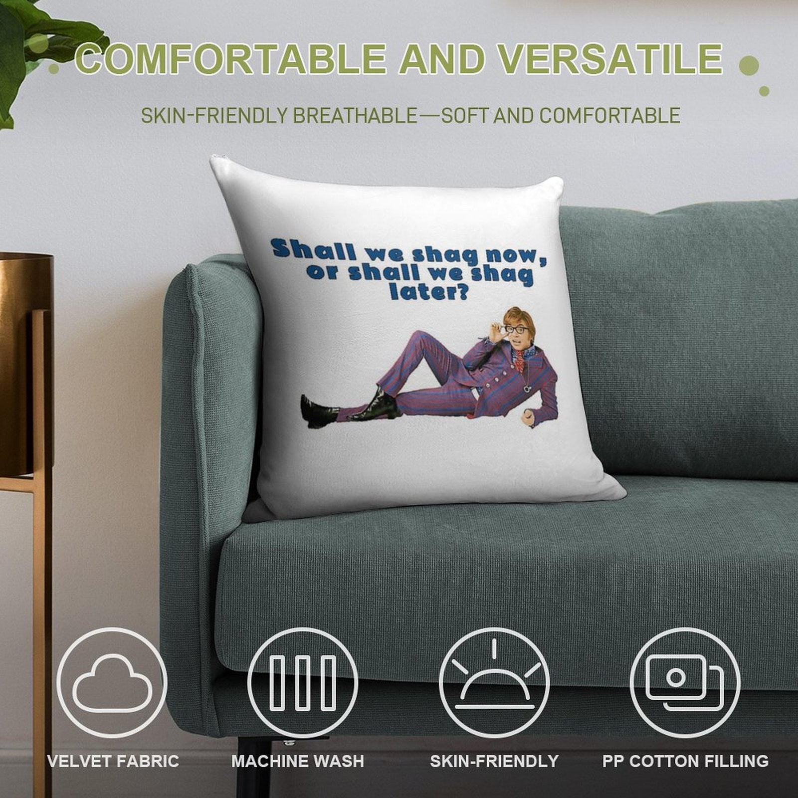 Austin Powers, Shall We Shag Now, Or Shall We Shag Later Soft Short Plush Fabric Throw Pillow