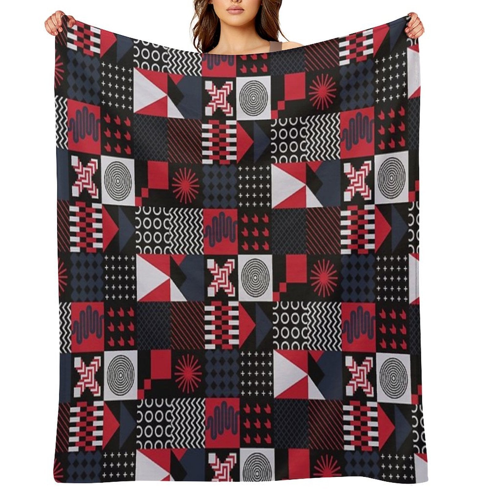 Geometric Aesthetic Black White Blue Red Shrink-resistant Throw Blanket