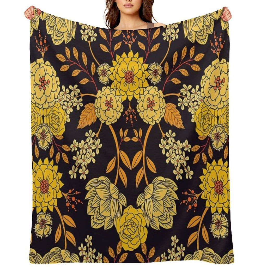 Yellow, Orange & Navy Blue Dark Floral Pattern Quick-dry Throw Blanket