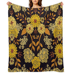 Yellow, Orange & Navy Blue Dark Floral Pattern Quick-dry Throw Blanket