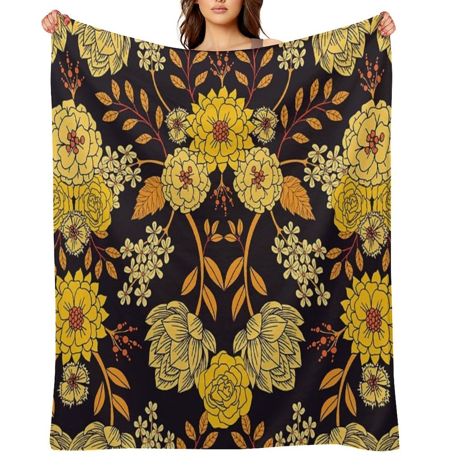 Yellow, Orange & Navy Blue Dark Floral Pattern Quick-dry Throw Blanket