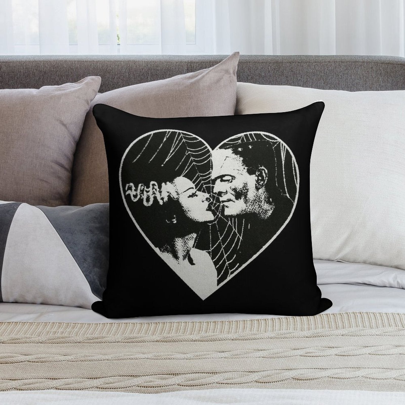 Frankenstein And Bride Goth Emo Heart Soft Hidden Zipper Throw Pillow