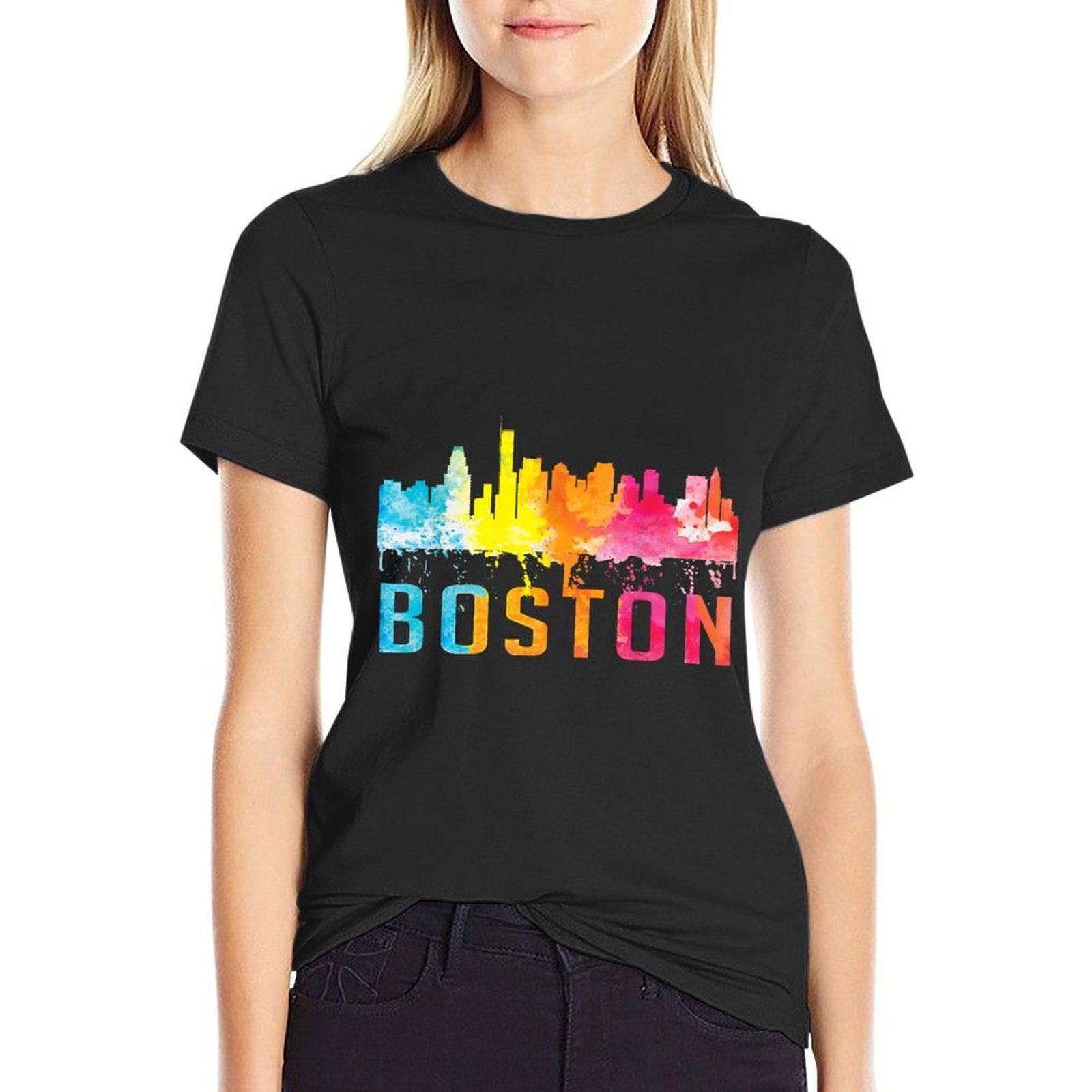 Boston Massachusetts Retro Watercolor Skyline Souvenir  Versatile T-Shirt