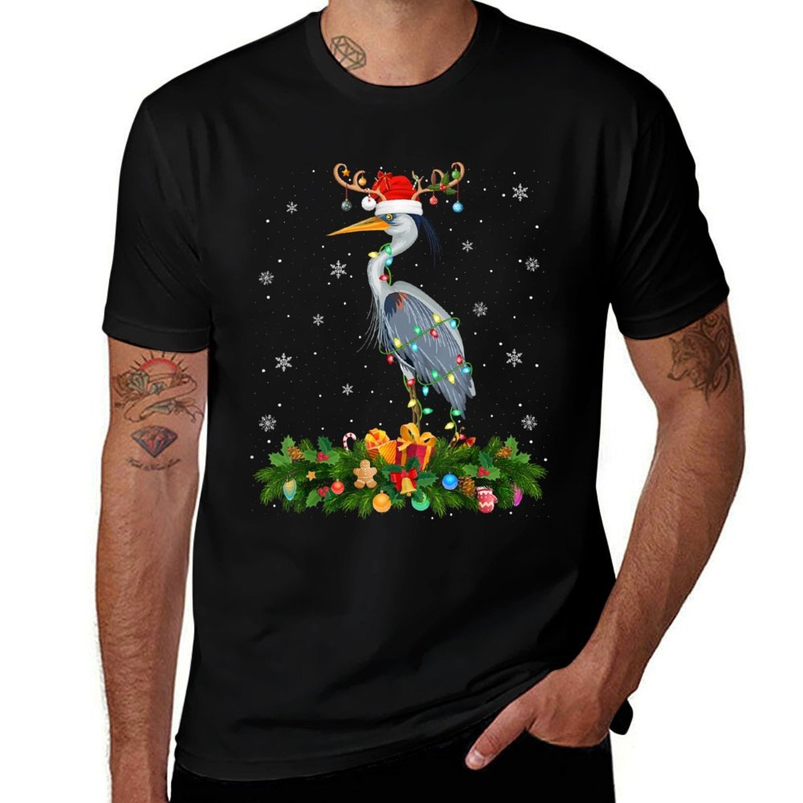 Heron Bird Christmas Lights Reindeer Santa Xmas Adult  Kids  Durable T-Shirt