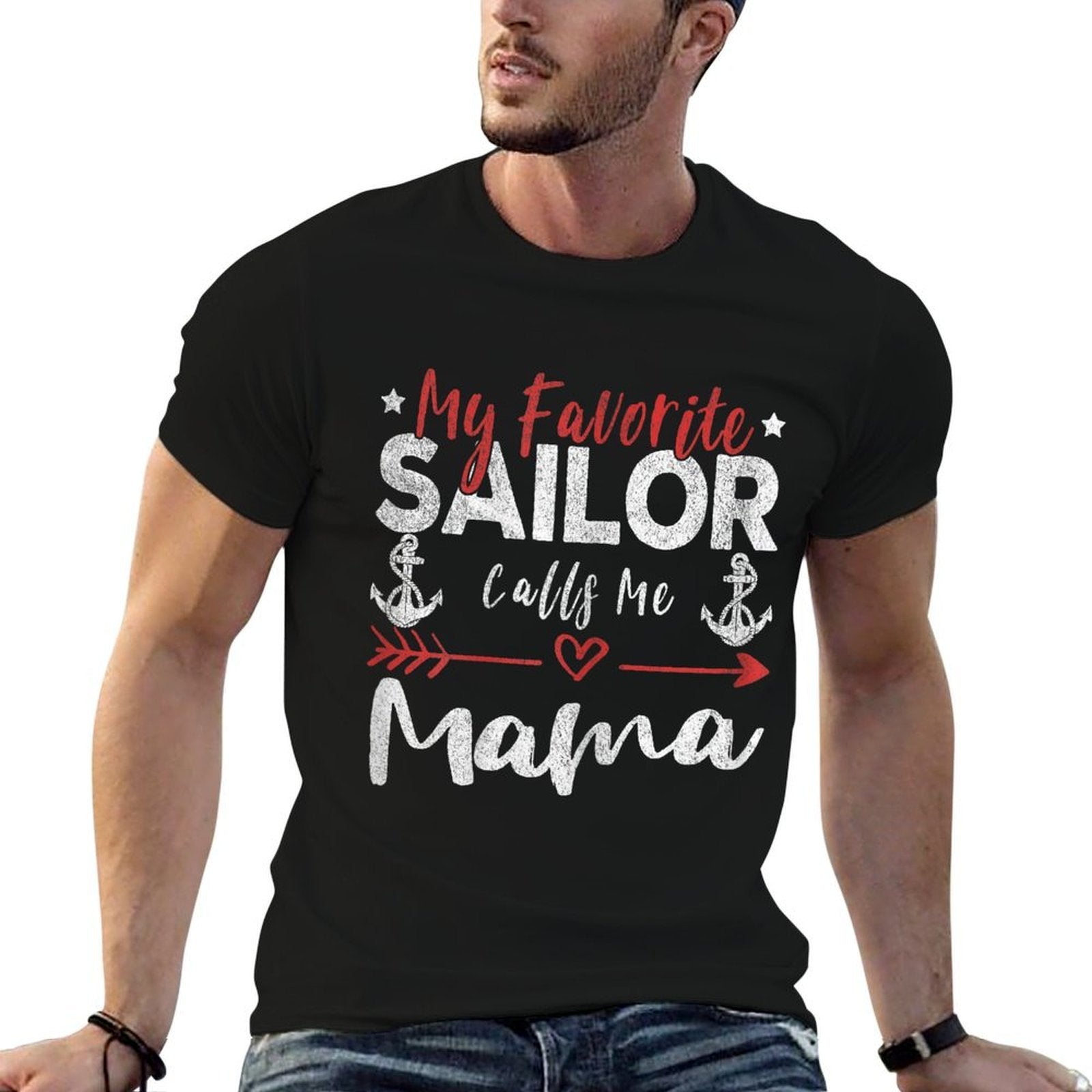 My Favorite Sailor Calls Me Mama Sailor’s Mom  Ribbed Collar T-Shirt