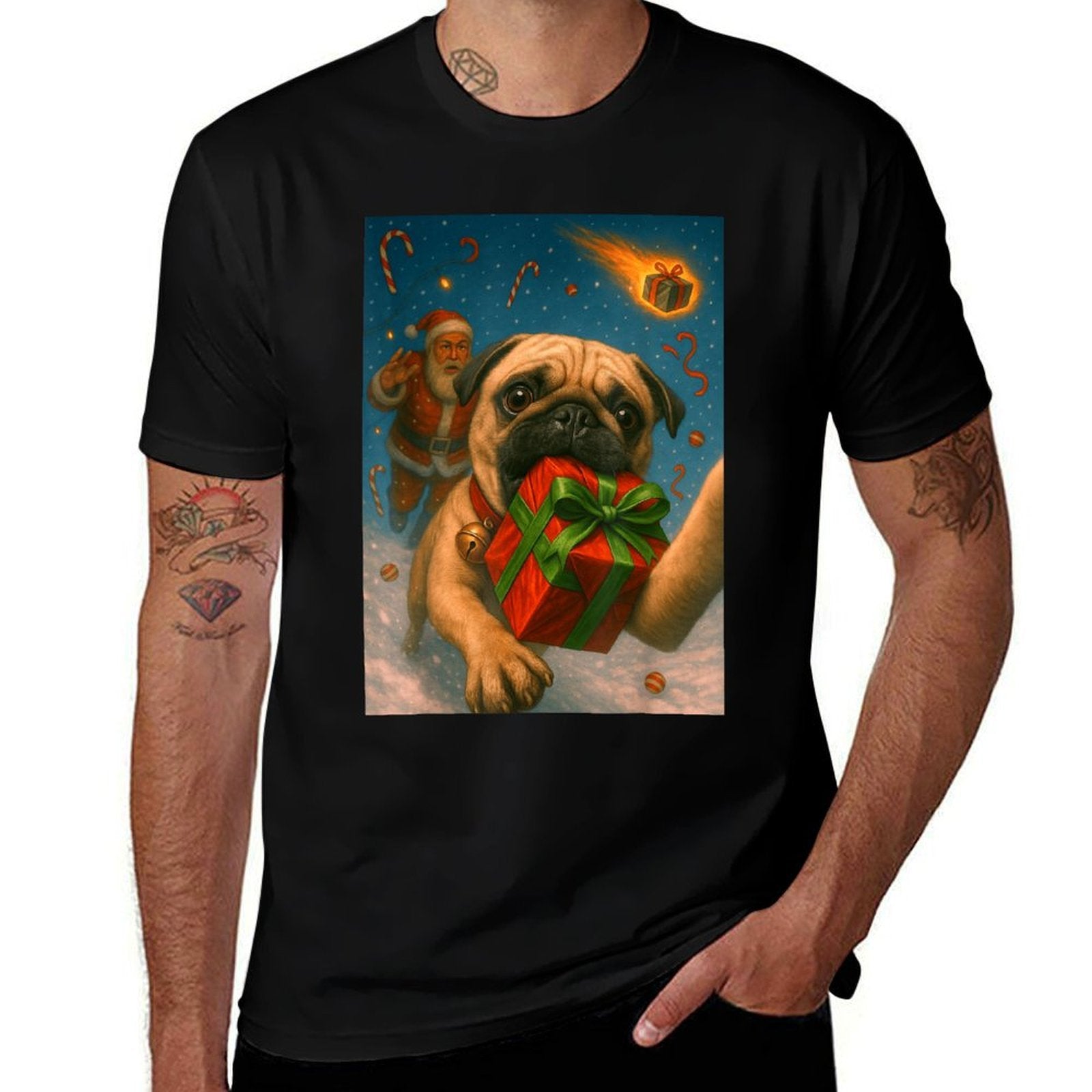 Funny Christmas Pug - Selfie with Santa Xmas  Relaxed-fit T-Shirt