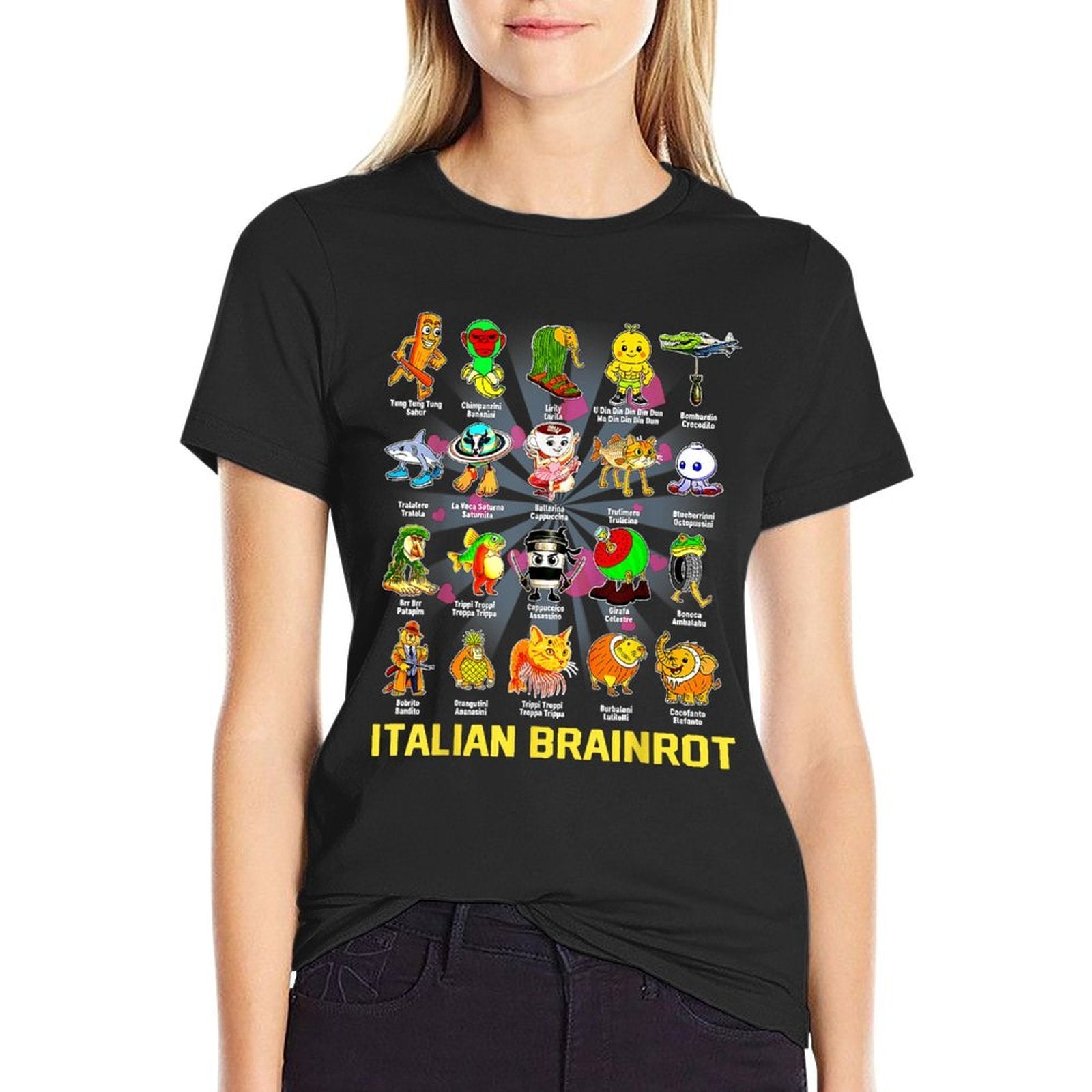 Types of Italian Brainrot Meme Character Hand Drawn for Kids  Oversized Silhouette T-Shirt