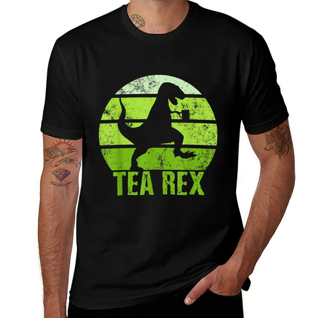 Tea Rex Retro Vintage T-rex Funny Dinosaurs Tea Party  Ribbed Collar T-Shirt